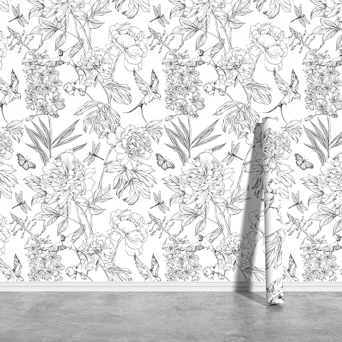JiffDiff White and Black Wallpaper Peel and Stick Sketched Peony Floral by wallpaper