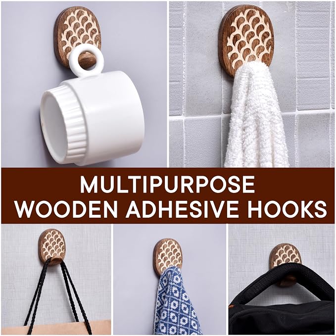 Indian Shelf 6 Lb- 3 Pieces Decorative Wood Adhesive Wall Hooks–Boho Peel and - Image 6