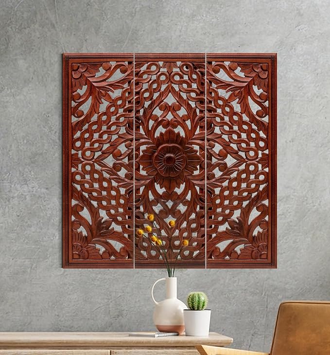 Homebia Designs Handmade Carved Wooden Wall Hanging Plaques Set of 3 - Image 2