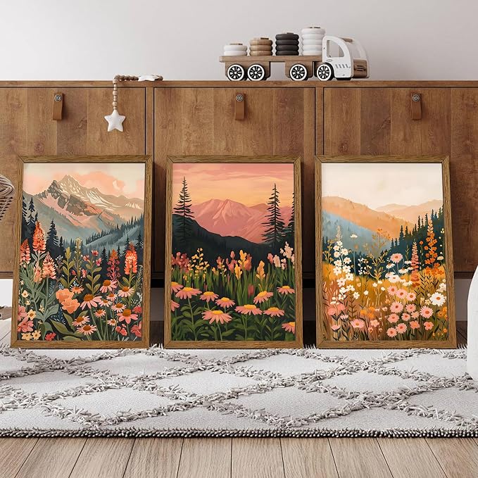 WRFON Botanical and Flower Canvas Wall Art, Framed Mountain Landscape Wall Art - Image 4