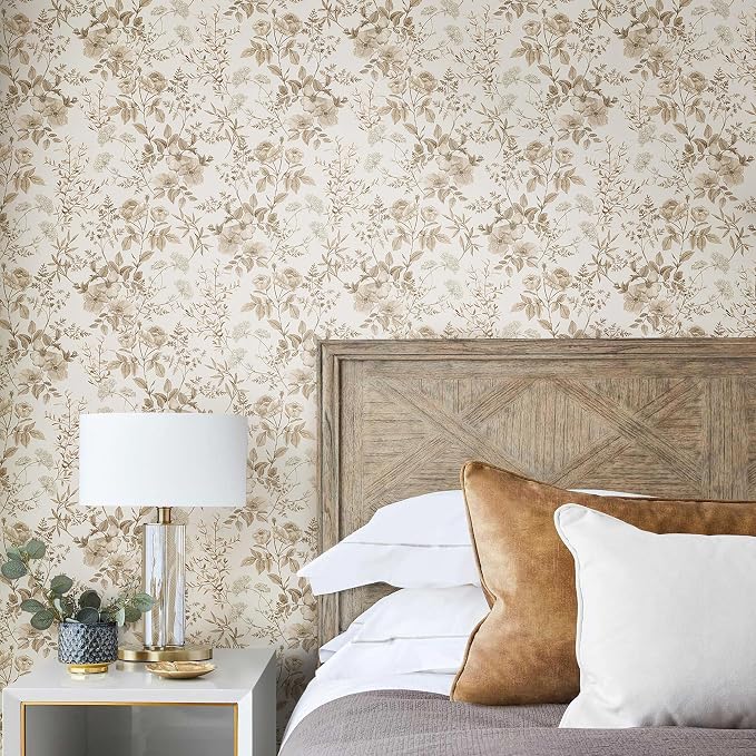 Erfoni 16.9" x394" Beige Floral Peel and Stick Wallpaper Boho Floral Leaf - Image 4