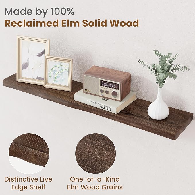 Floating Shelves for Wall Decor, Rustic Solid Elm Wood Live Edge Floating - Image 3