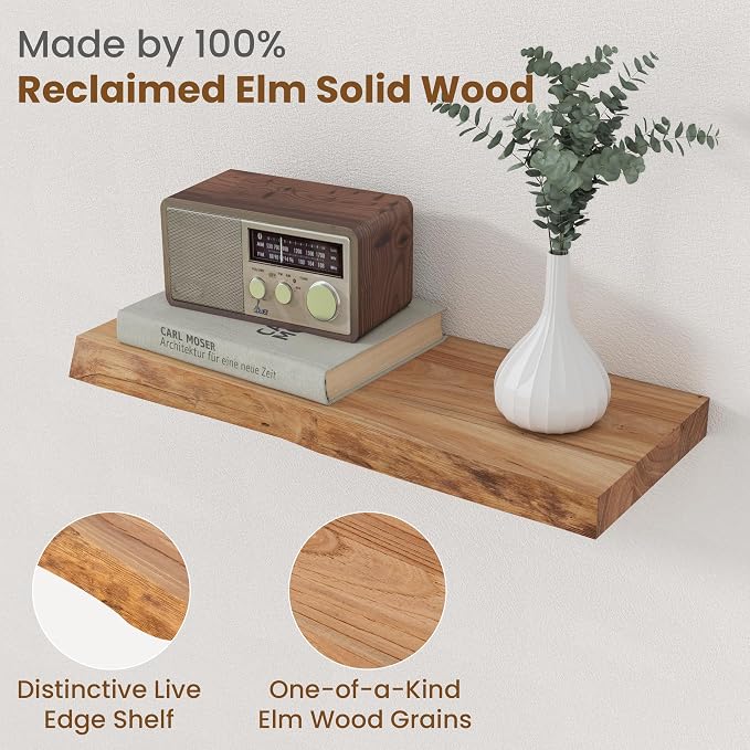 Floating Shelves for Wall Decor, Rustic Solid Elm Wood Live Edge Floating - Image 3
