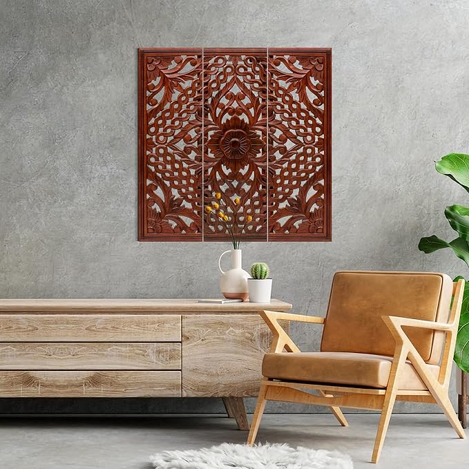 Homebia Designs Handmade Carved Wooden Wall Hanging Plaques Set of 3 - Image 3