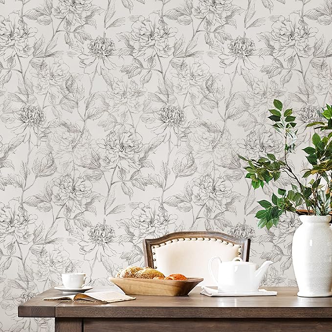 JiffDiff Black and White Floral Wallpaper Peonies Removable Peel and Stick - Image 6