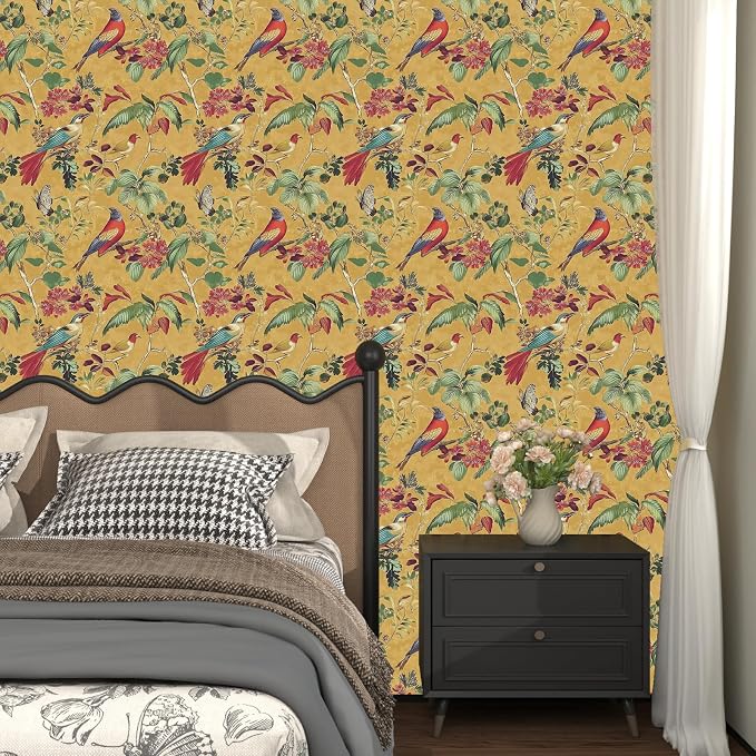 Yellow Boho Wallpaper Peel and Stick, Vintage Floral Bird Contact Paper - Image 6