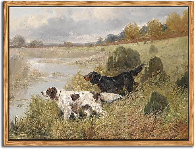 Floating Framed Vintage Hunting Dog Wall Art, Classic Countryside Landscape by Unknown