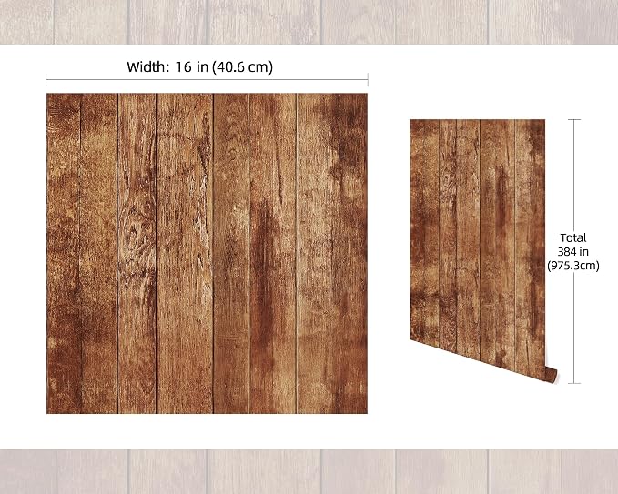 FLFK 16" x 384" Wallpaper Peel and Stick Vintage Brown Wood Contact Paper - Image 2