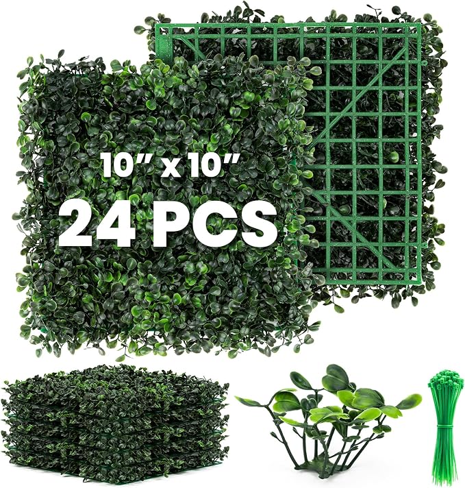 Grass Wall 24 Pack 10"x10" Artificial Boxwood Hedge Wall Panels, Privacy Hedge by Ticanros