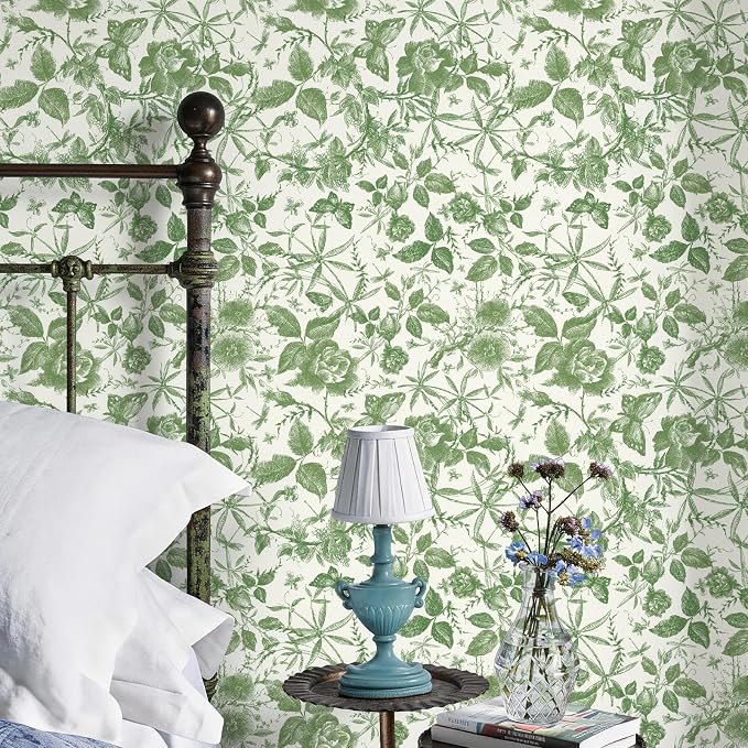 JiffDiff Floral Vintage Wallpaper Peel and Stick，Green Rose Wallpaper Removable - Image 2