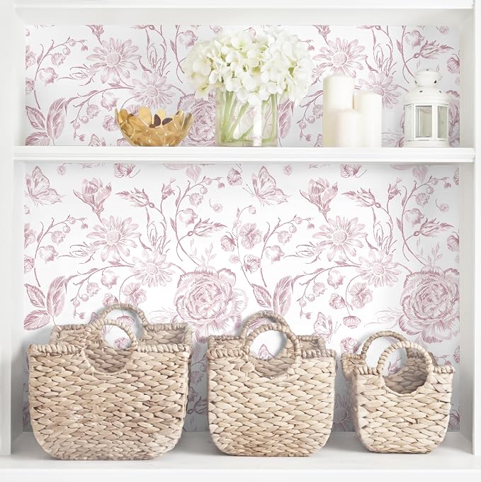 Yasinet Pink Floral Wallpaper Boho Peel and Stick Wallpaper Pink and White - Image 6