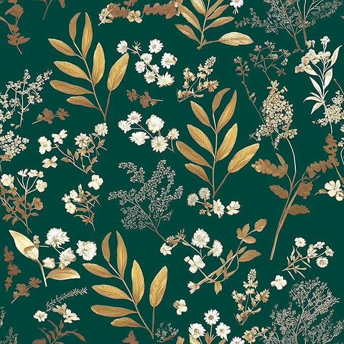 Laatse Dark Green Floral Wallpaper Peel and Stick Green Golden Leaf Wallpaper by Laatse