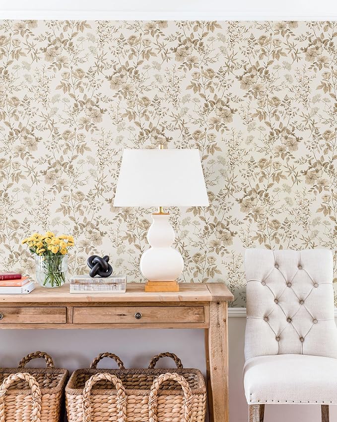 Erfoni 16.9" x118" Boho Floral Peel and Stick Wallpaper Beige Flower and Leaf - Image 6