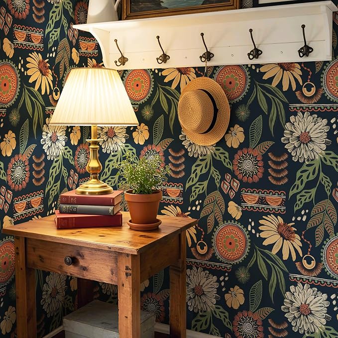 Simon&Siff Boho Peel and Stick Wallpaper, 17.3" x 1200" Blue Sun Floral Retro - Image 4