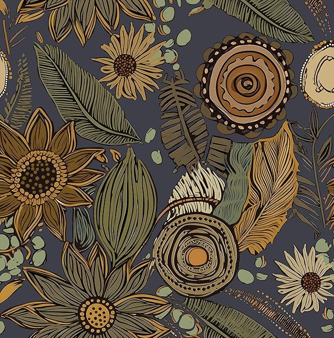 Boho Wallpaper Peel and Stick, Vintage Blue Yellow Floral Contact Paper by Laatse