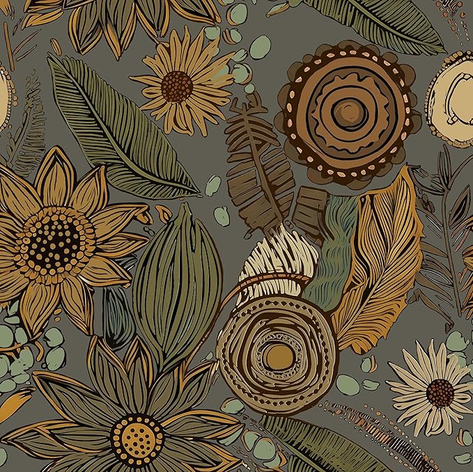 Grey Boho Wallpaper Peel and Stick, Vintage Green Yellow Floral Contact Paper by Laatse