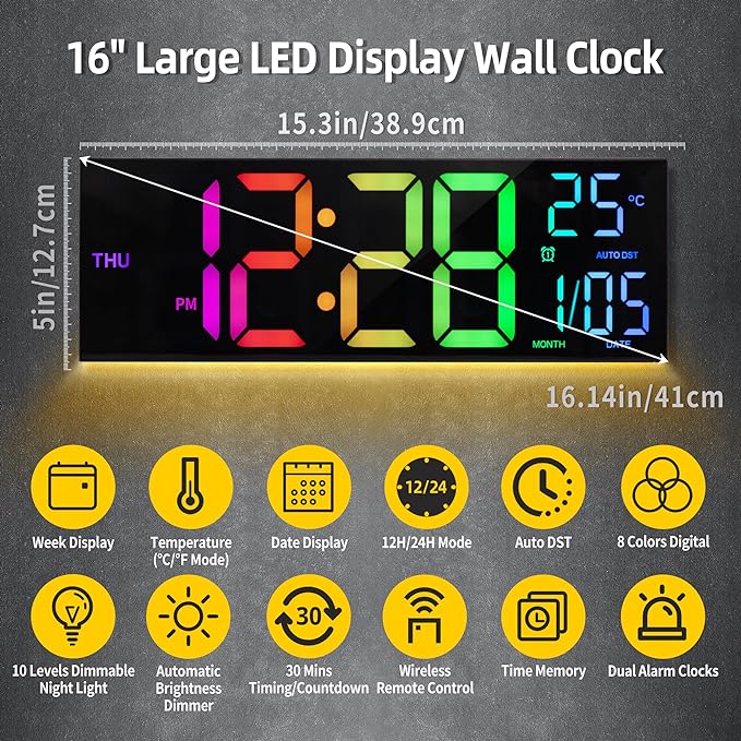 HAITANG 8 Colors Digital Wall Clock, 16.2" Large Digital Clock - Image 2