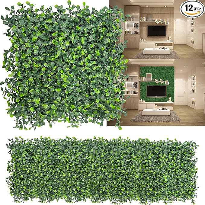 Artificial Grass Wall Panels: 10"x 10" UV-Anti Boxwood Faux Green Leaf Backdrop by DOPGIB