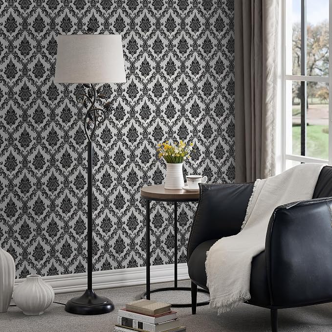 17.7" x 197" Peel and Stick Wallpaper Black Vintage Wallpaper Damask Contact - Image 4