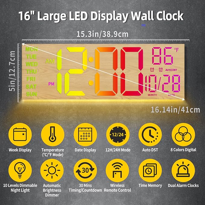 HAITANG 16.2" Large Digital Clock， 8 Colors Decorative Wood Wall Clock - Image 2