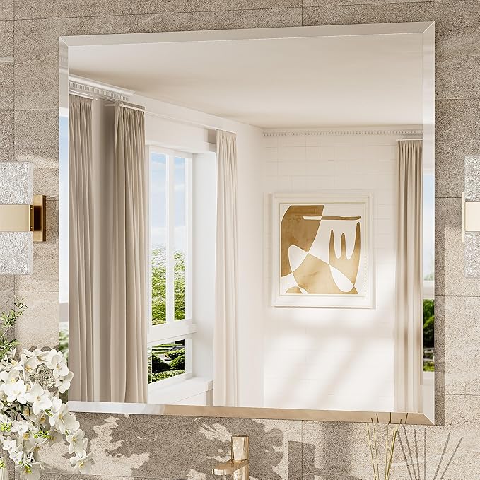 TokeShimi 36x36 Beveled Mirror Frameless Tempered, Rectangle Bathroom Mirror by RefinedBathroomAccessories