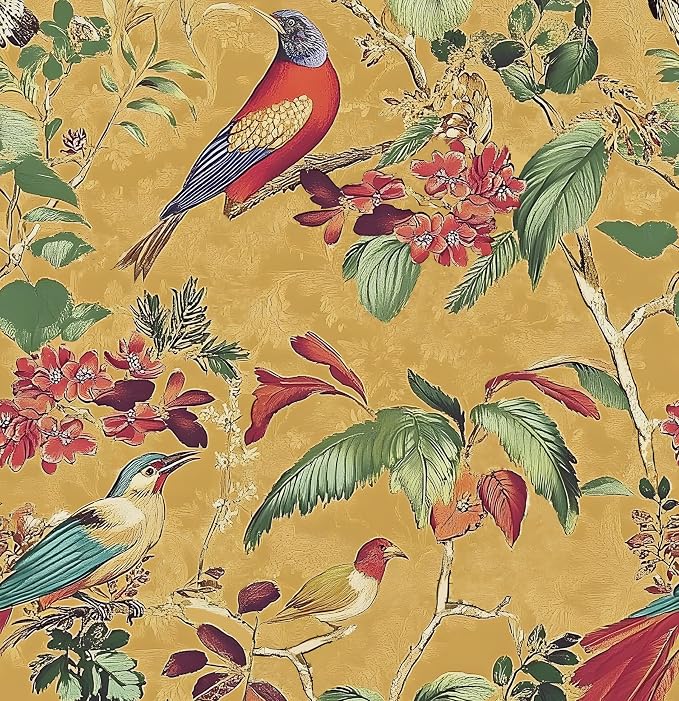 Vintage Floral Bird Wallpaper Peel and Stick, Boho Yellow Contact Paper by Laatse